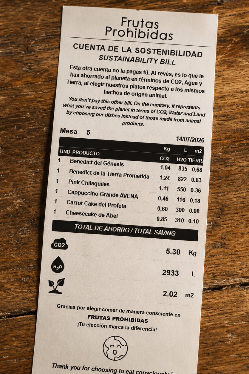 La Cuenta de la Sostenibilidad impresa: el ticket de una mesa con el CO₂e, el agua y la tierra que ha ahorrado cada plato y el total